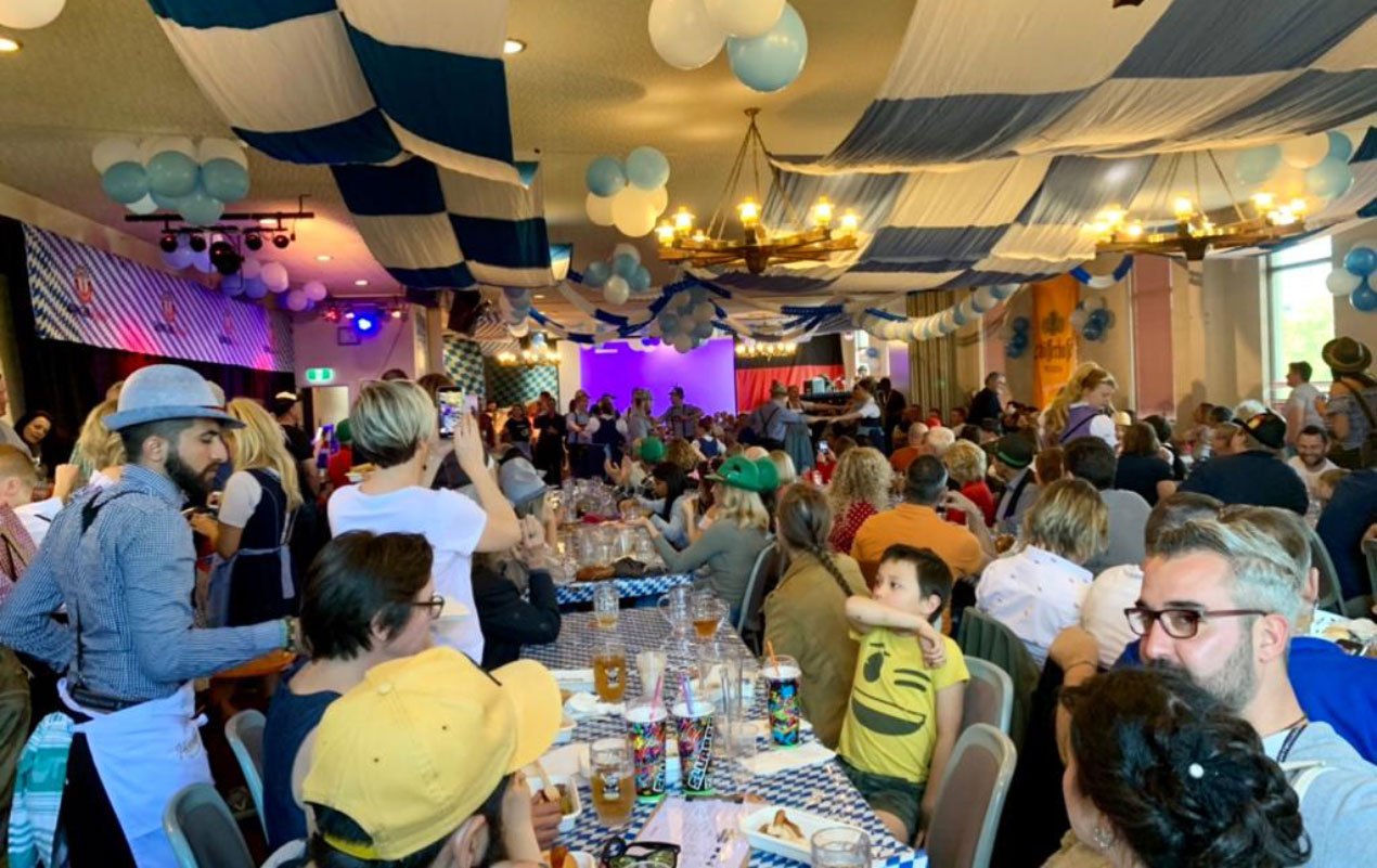 A full house in the Bier Halle under blue and white bunting