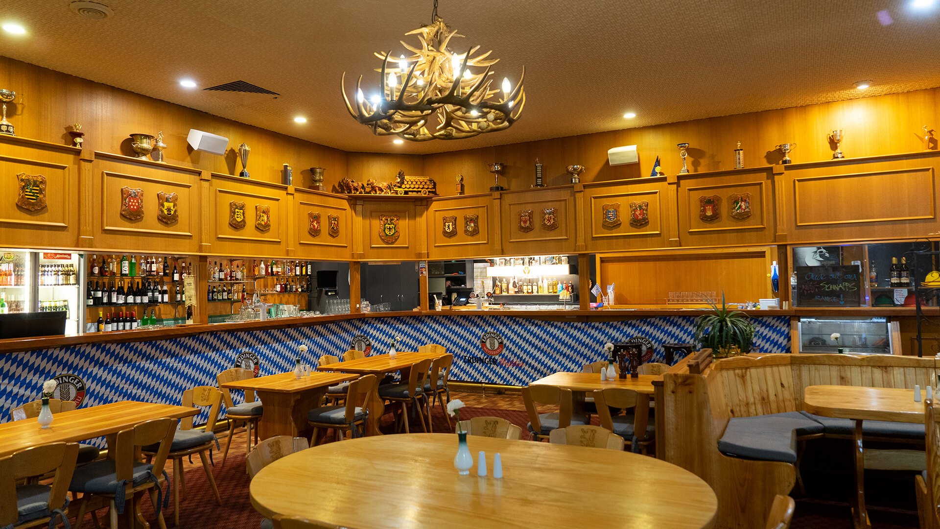 The restaurant and bar with the antler chandelier
